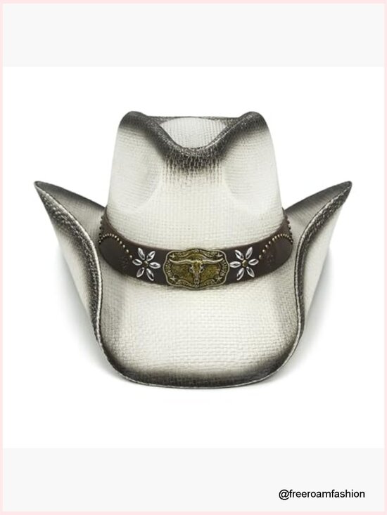 Straw Cowboy Hat with Studded Leather Band - Shapeable Wide Brim for Women and